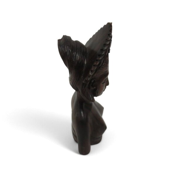 Female Wooden BUST Balinese Wooden With Floral Headdress from BALI 5" - Picture 6 of 10